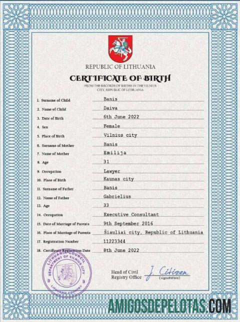 Realista modelo PSD de certidão de nascimento de registro vital da Lituânia